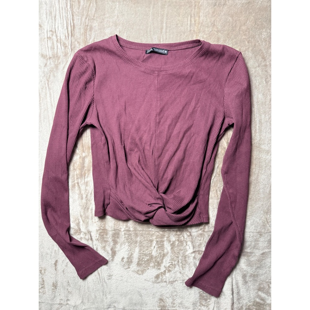 Zara Womens Ribbed Long Sleeve Twist Front Knot Crop Top Berry Plum Size S